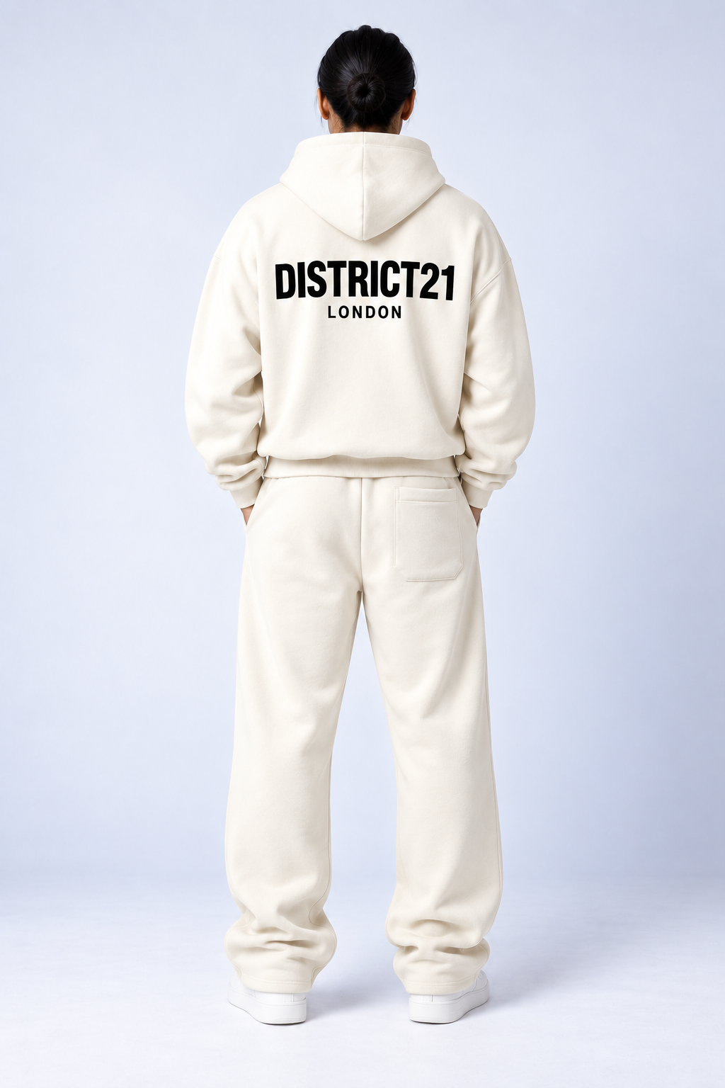 Cream DISTRICT21 logo hoodie, back view
